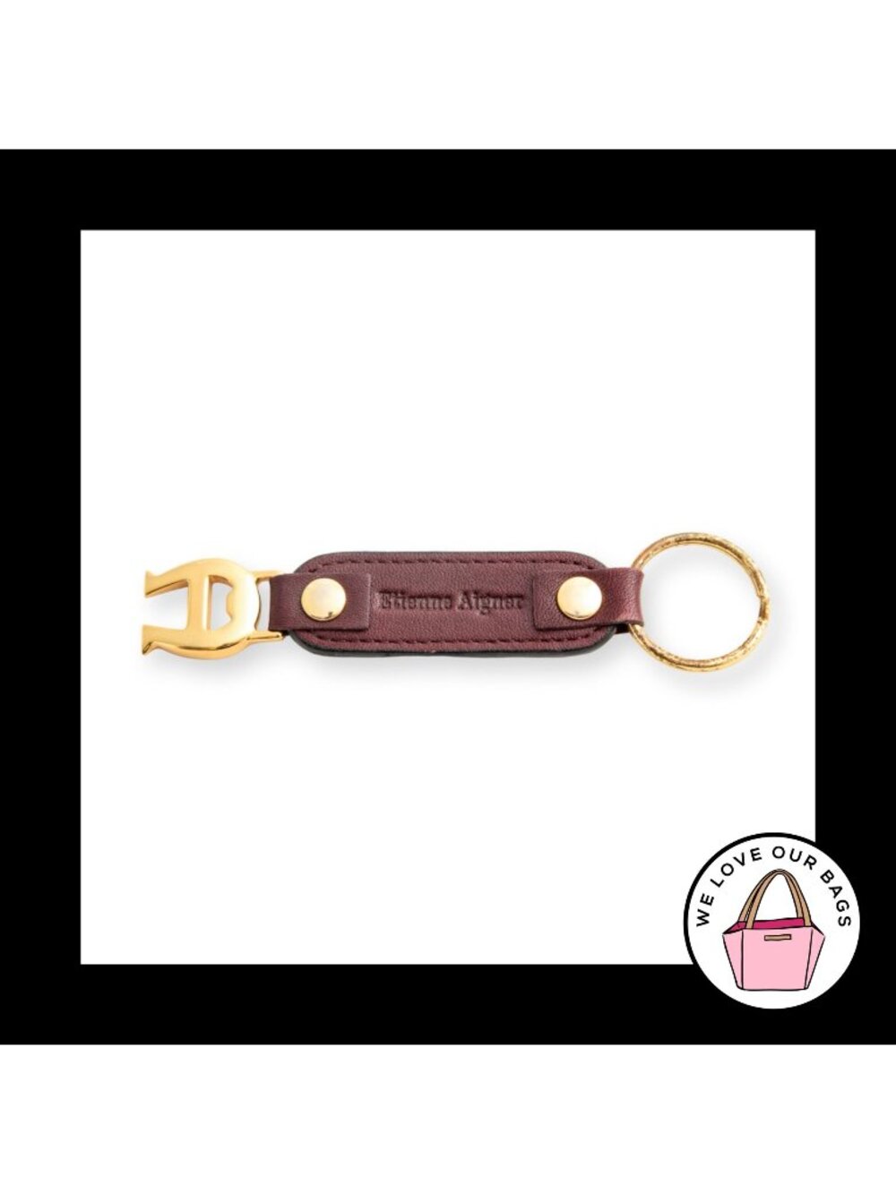 Y2K Vintage ETIENNE AIGNER Keychain Gold Brass Brown Leather Bag Charm Tag Fob